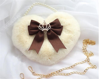 Realaiot Kawaii Heart-shaped Lolita Girl Messenger bag Harajuku Plush Bow JK Uniform Cute Furry Chain Shoulder Bag Handbag