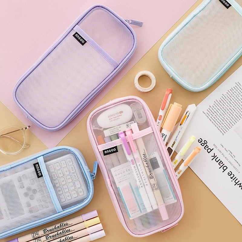 Realaiot Korean Fashion Transparent Pencil Case Pouches Simple Macaroon Large Capacity Pencil Bag Stationery Organizer Pencilcase Holder