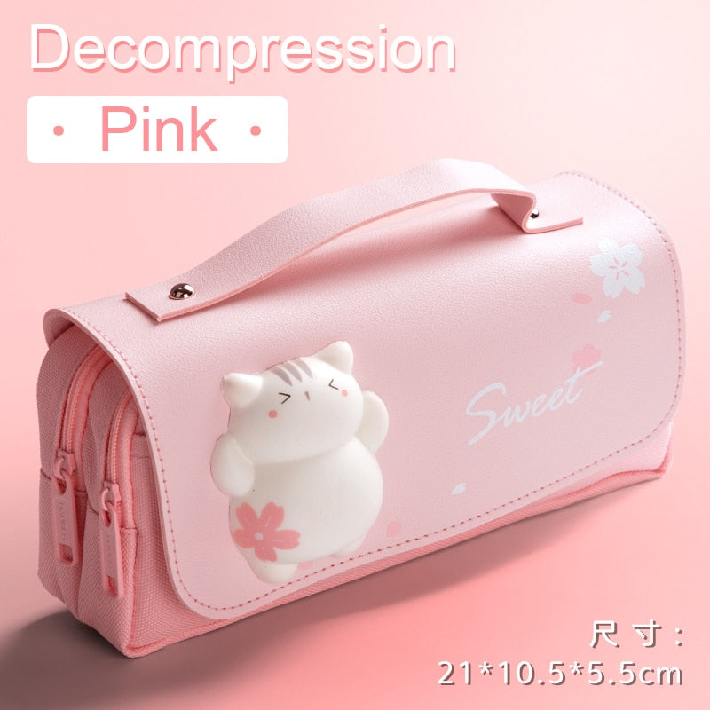 Realaiot Cute Cat Decompression Pencil Case Big Pencil Box Portable Girls Pen Bag Double Layer School Pouch Kawaii Stationery Pensil Case