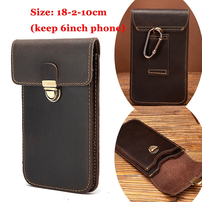 Realaiot Fashion Quality Leather Small Summer Pouch Hook Design Waist Pack Bag Cigarette Case 6" Phone Pouch Waist Belt Bag 1609 Gifts for Men