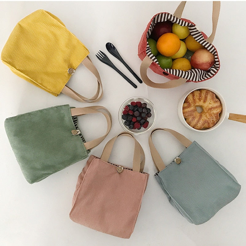 Cyflymder Lunch Bag Corduroy Canvas Lunch Box Picnic Tote Cotton Cloth Small Handbag Pouch Dinner Container Food Storage Bags For Ladies