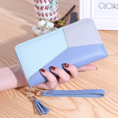 Realaiot Geometric Women Wallets with Zipper Pink Phone Pocket Purse Card Holder Patchwork Women Long Wallet Lady Tassel Short Coin Purse