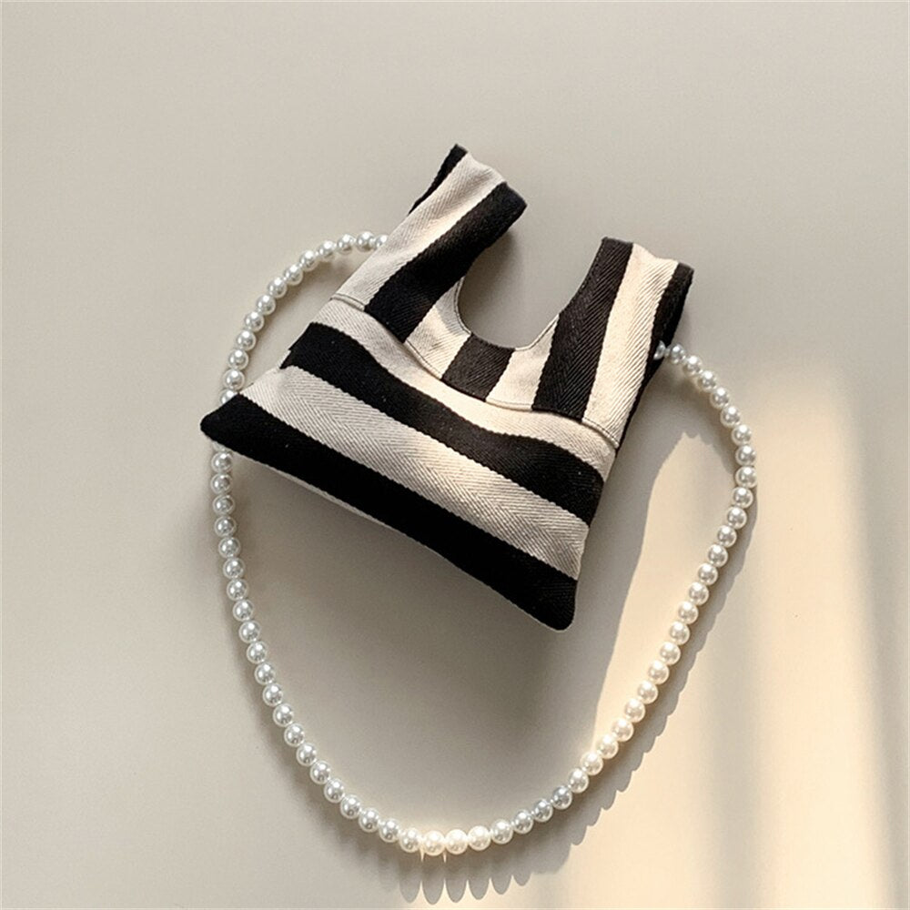 Cyflymder Pearl Striped Canvas Handbag Women Cute Shoulder Bag Mini Student Diagonal Bag Beaded Chain Horizontal Square Type Underarm Bags