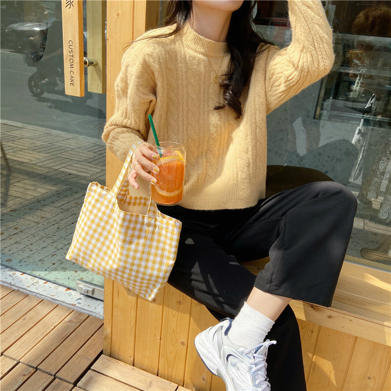 Cyflymder Portable Cotton Women Lunch Bento Bag Vintage Plaid Canvas Ladies Small Handbags Simple Female Cloth Mini Tote Bag Clutch Purse