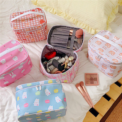 Cyflymder New Women Travel Cosmetic Makeup Bags Case Korean Bear Rabbit Plaid Toiletries Organizer Females Make up Storage Bag Pouch