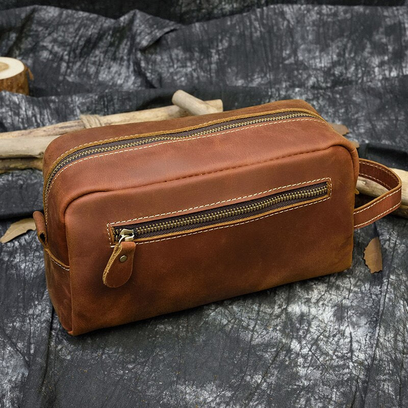 Realaiot Vintage Leather Storage Bag Clutch Bags Men Wash Bag Toiletry kits Crazy Horse Leather Men Clutches