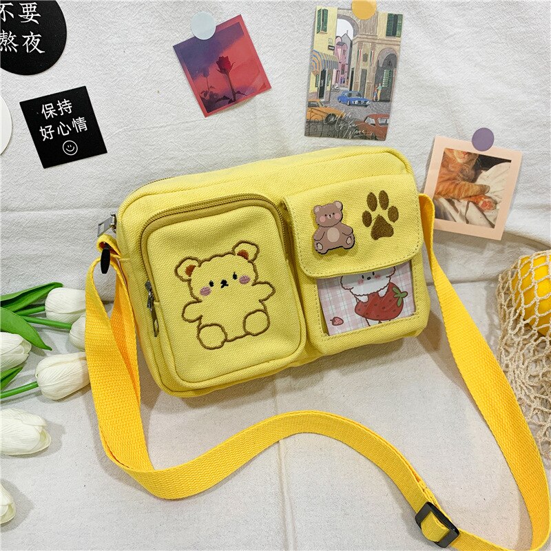 Realaiot Women's Messenger Bags Ladies Canvas Printed Cute Bear Bag Lady Sweet Cartoon Student Shoulder Bag School Bag