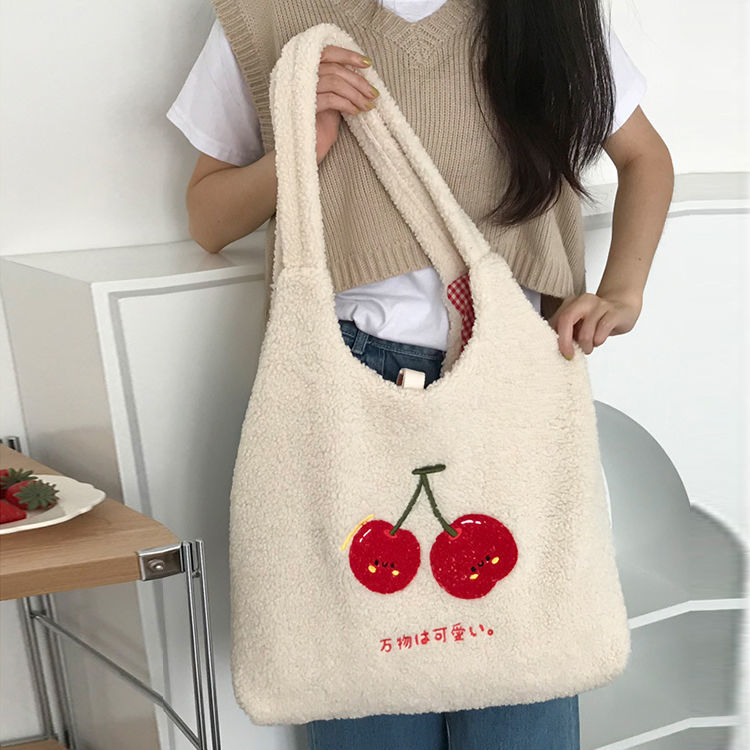 Cyflymder Plush Tote Bag Shopper Handbag for Women Autumn Winter Girls Casual Cute Cherry Embroidery Lmitation Wool Eco Shoulder Bags