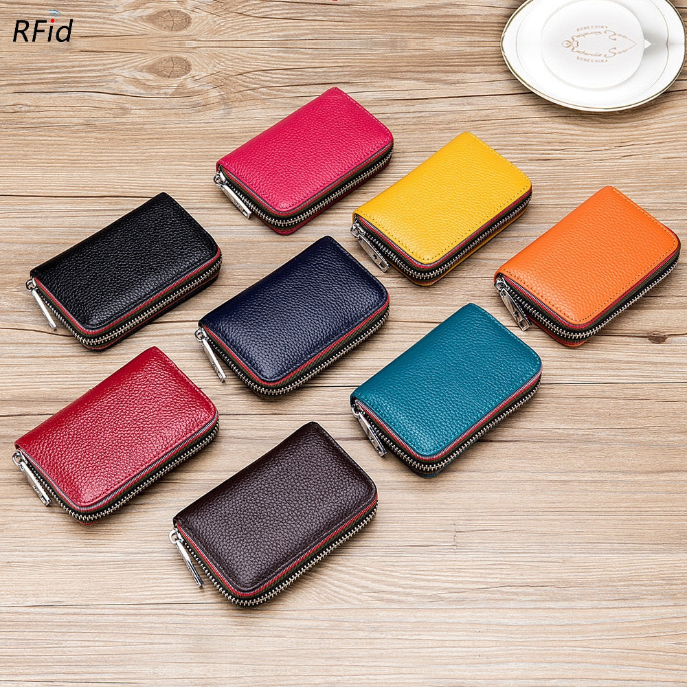 Realaiot Genuine Leather Men Women Card Holder Small Zipper Wallet Solid Coin Purse Accordion Design rfid ID Business Credit Card Bags