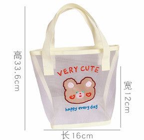 Realaiot Women Korean Bear Rabbit Mesh Handbag Totes Girls Summer Travel Beach Bag Women Shopping Bags Gauze Hand Bags Fashion Tote Bag