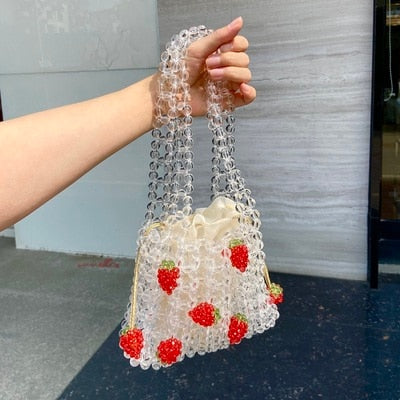 Cyflymder Retro Orange Beaded Bag Clear Crystal Jelly Clutch Bag Girl Beaded Woven Handbag for Woman Handmade Bags Luxury Designer Gifts for Women