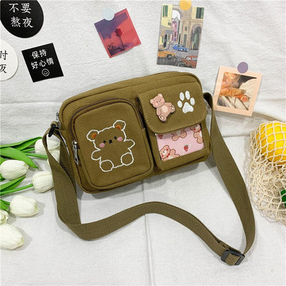 Realaiot Women's Messenger Bags Ladies Canvas Printed Cute Bear Bag Lady Sweet Cartoon Student Shoulder Bag School Bag