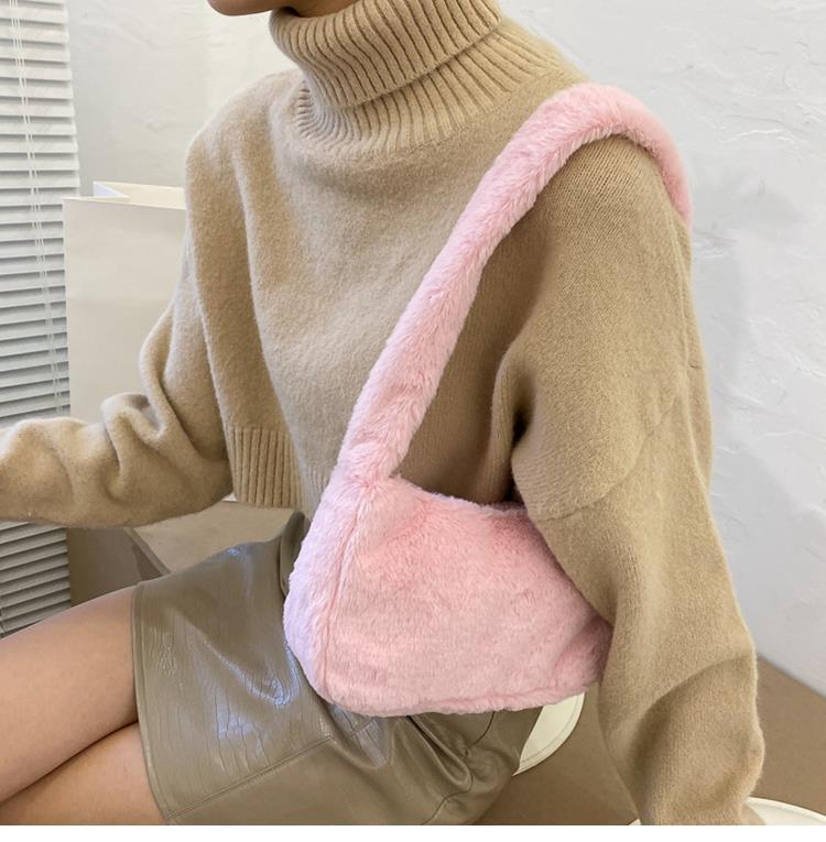 Realaiot Simple Design Women Soft Plush Hobos Shoulder Bags Winter Furry Ladies Clutch Purse Handbag Fashion Female  Underarm Bag