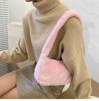 Realaiot Simple Design Women Soft Plush Hobos Shoulder Bags Winter Furry Ladies Clutch Purse Handbag Fashion Female  Underarm Bag