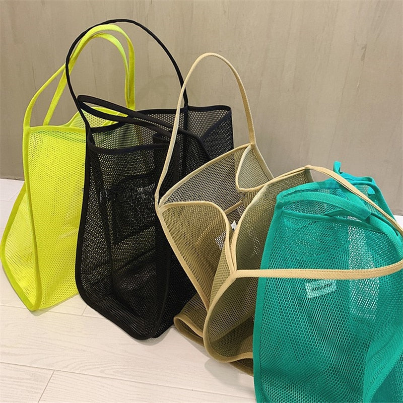 Realaiot Women's Shoulder Bag Mesh Totes Net Beach Bag Foldable Handbag Fruit Grocery Shopping Bags Fashion Large Capacity