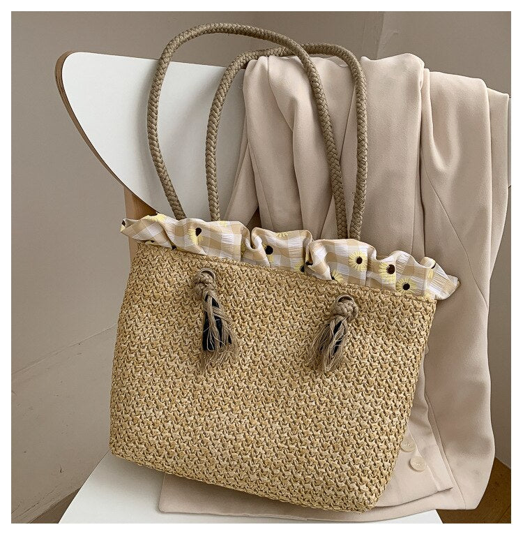 Realaiot Weave Tote Bag Female Bohemian Shoulder Bags for Women Summer Beach Straw Handbags and Purses Lady Travel Shopping Bags