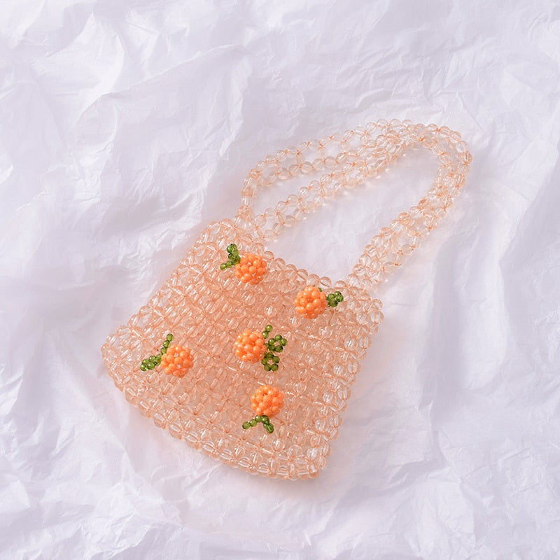 Cyflymder Retro Orange Beaded Bag Clear Crystal Jelly Clutch Bag Girl Beaded Woven Handbag for Woman Handmade Bags Luxury Designer Gifts for Women