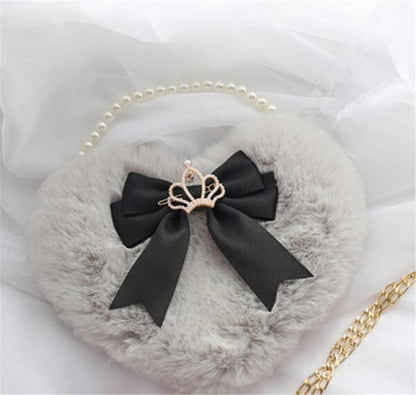 Realaiot Kawaii Heart-shaped Lolita Girl Messenger bag Harajuku Plush Bow JK Uniform Cute Furry Chain Shoulder Bag Handbag