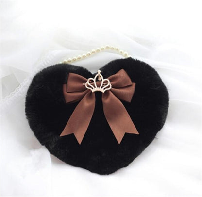 Realaiot Kawaii Heart-shaped Lolita Girl Messenger bag Harajuku Plush Bow JK Uniform Cute Furry Chain Shoulder Bag Handbag