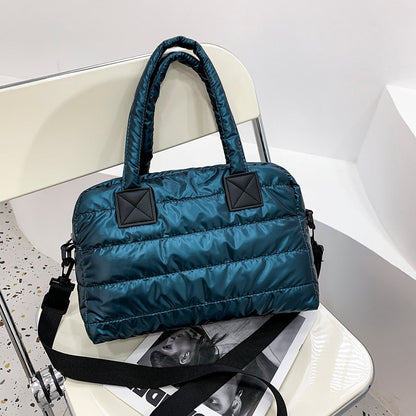 Realaiot Winter Down Bag Quilted Space Cotton Handbags For Women Large Capacity Tote Bags Female Wide Strap Feather Padded Crossbody