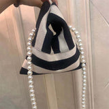 Cyflymder Pearl Striped Canvas Handbag Women Cute Shoulder Bag Mini Student Diagonal Bag Beaded Chain Horizontal Square Type Underarm Bags