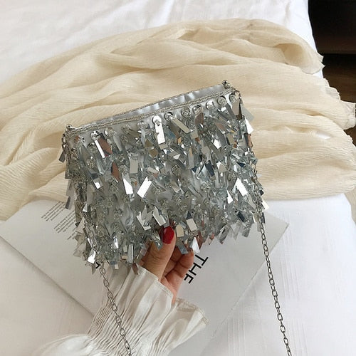 Realaiot Fashion Design Luxury Silver Sequin Rhinestone Tassel Women Small Shoulder Bags Chain Elegant Ladies Party Evening Clutch Purse