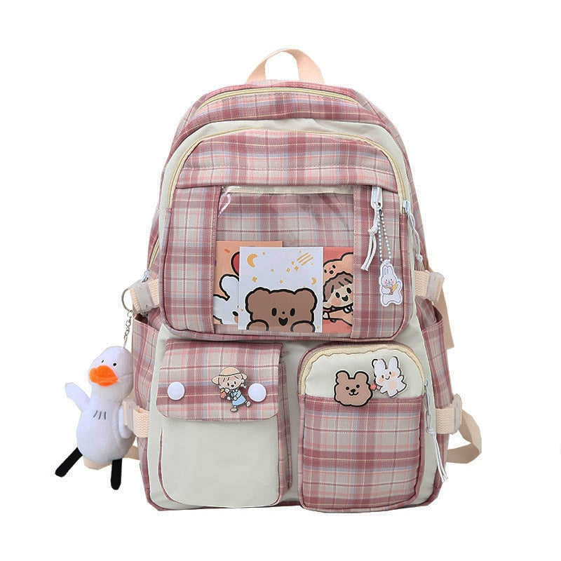 Cyflymder Plaid Transparent PVC Kawaii Contrast Color Girls College Leisure Kawaii Backpack Large Nylon School Backpack For Women Bags