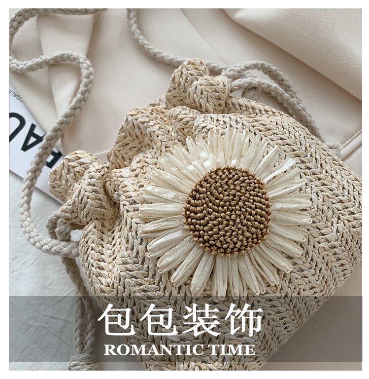 Realaiot Creative Design Women Beach Straw Bags Classic Texture Chic Sunflower Drawstring Woven Bucket Crossbody Shoulder Messenger Pouch