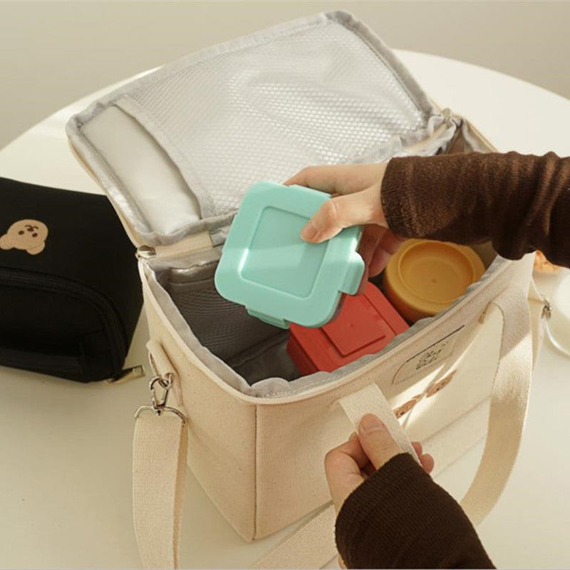 Realaiot Ins Bear Lunch Bag Canvas Large Capacity Insulation Handbags Multifunctional Thermal Breakfast Box Portable Picnic Travel