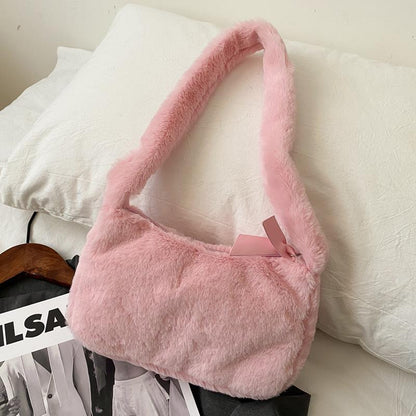 Realaiot Simple Design Women Soft Plush Hobos Shoulder Bags Winter Furry Ladies Clutch Purse Handbag Fashion Female  Underarm Bag