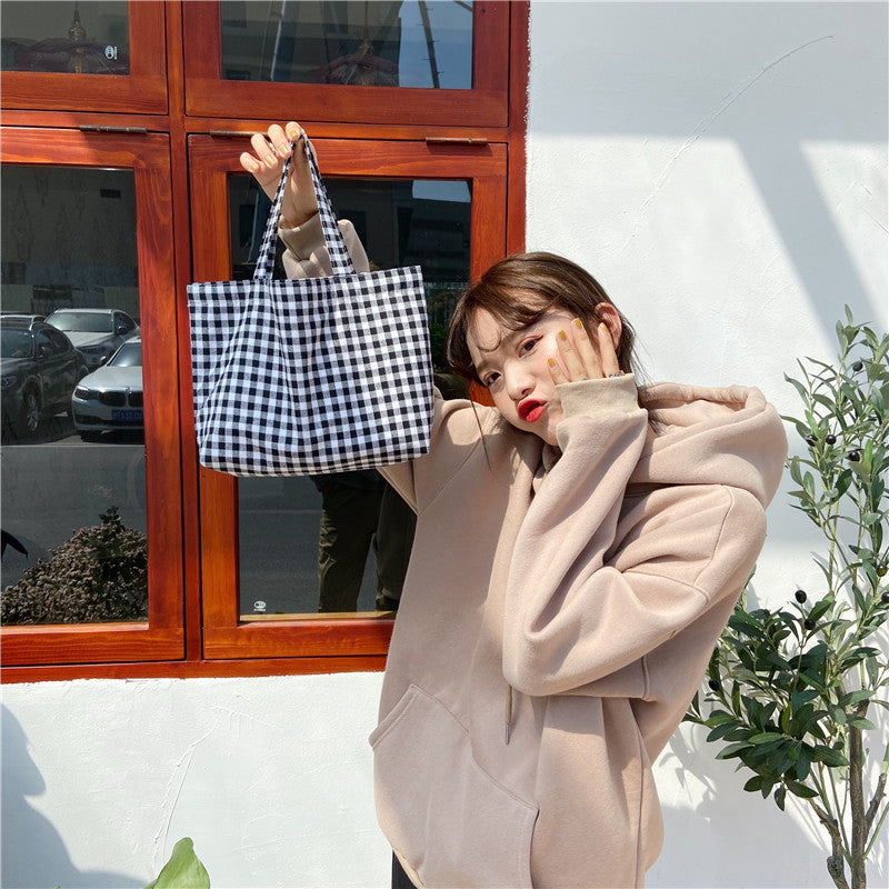 Cyflymder New Portable Lunch Bag Japanese Plaid Cotton Picnic Food Bag Women Simple Small Tote Korean Style Children Lunch Bags Kids