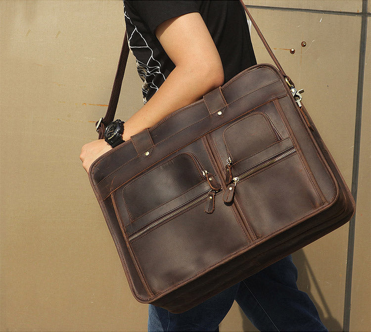 Realaiot Vintage Leather Mens Briefcase With Pockets Cowhide Bag On Business Suitcase Crazy Horse Leather Laptop Bags Design