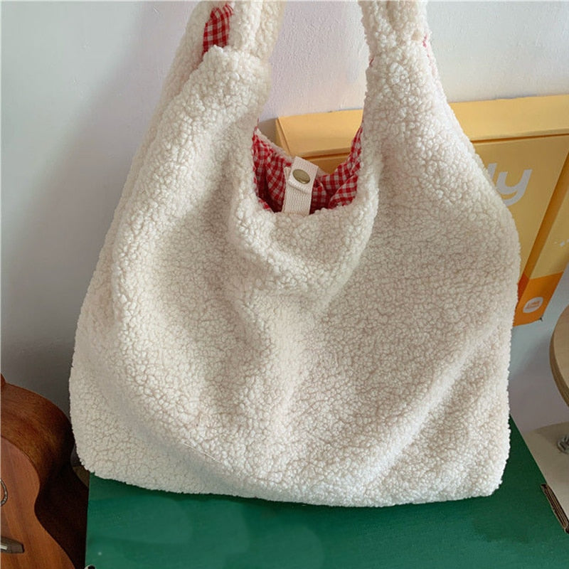 Cyflymder Plush Tote Bag Shopper Handbag for Women Autumn Winter Girls Casual Cute Cherry Embroidery Lmitation Wool Eco Shoulder Bags