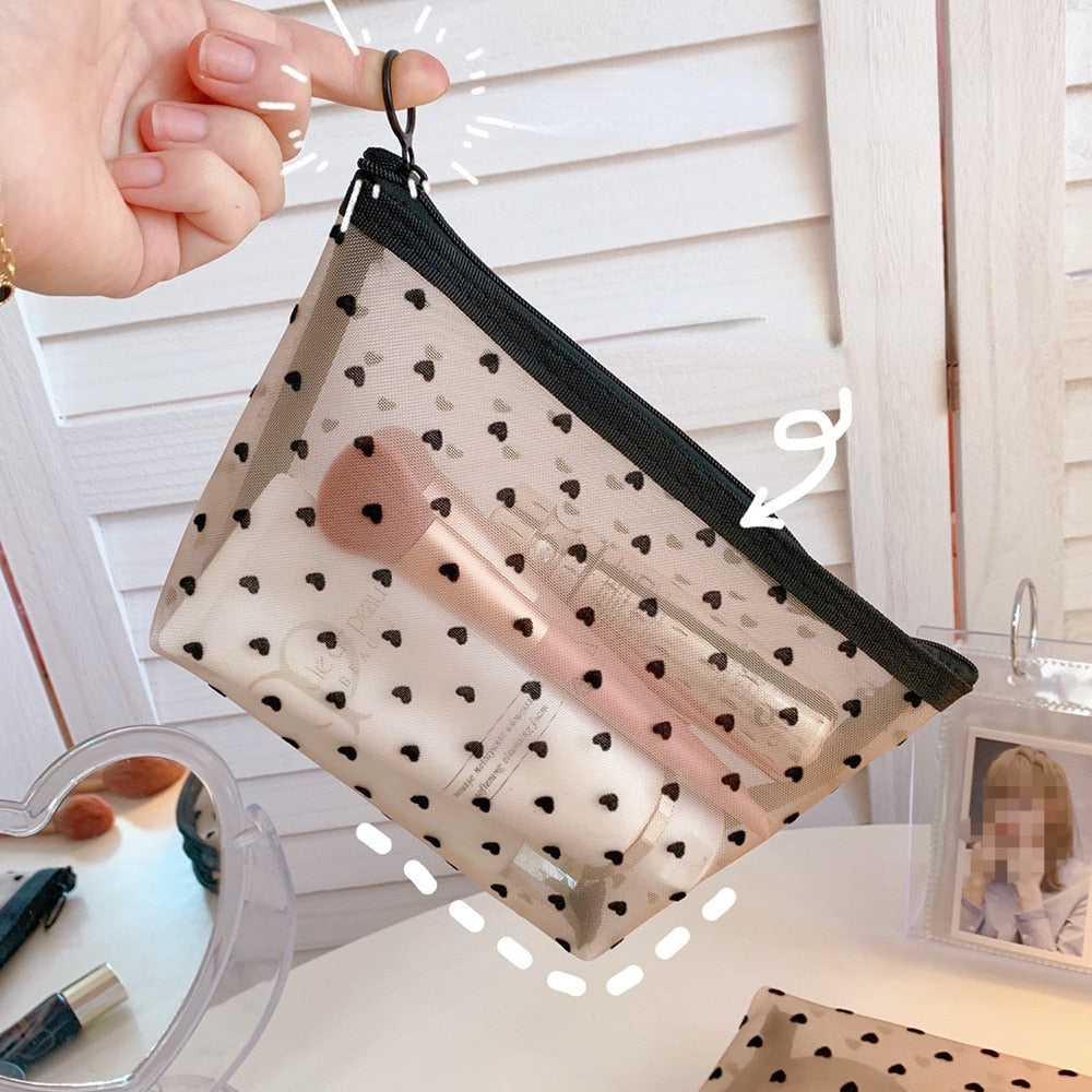 Realaiot Fashion Mesh Cosmetic Makeup Bags Case Holder Pouch Convenient To Carry Transparent Zipper Black Heart Printed Pencil Pen Case