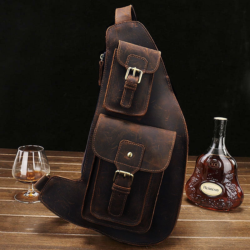 Realaiot Crazy Horse Leather Big Chest Bag Genuine Leather Sling Bag Mans Chest Pack Leather Crossbody Bags For Men Sports Riding