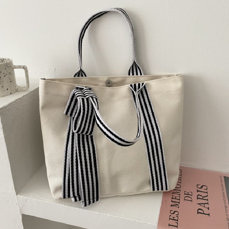 Realaiot Women Shoulder Bags Bow Tote Bag Ladies Designer Large Capacity Canvas Bag Striped Strap Ins Casual Cloth Bags 苤�邾郕訄 �迮郇�郕訄�