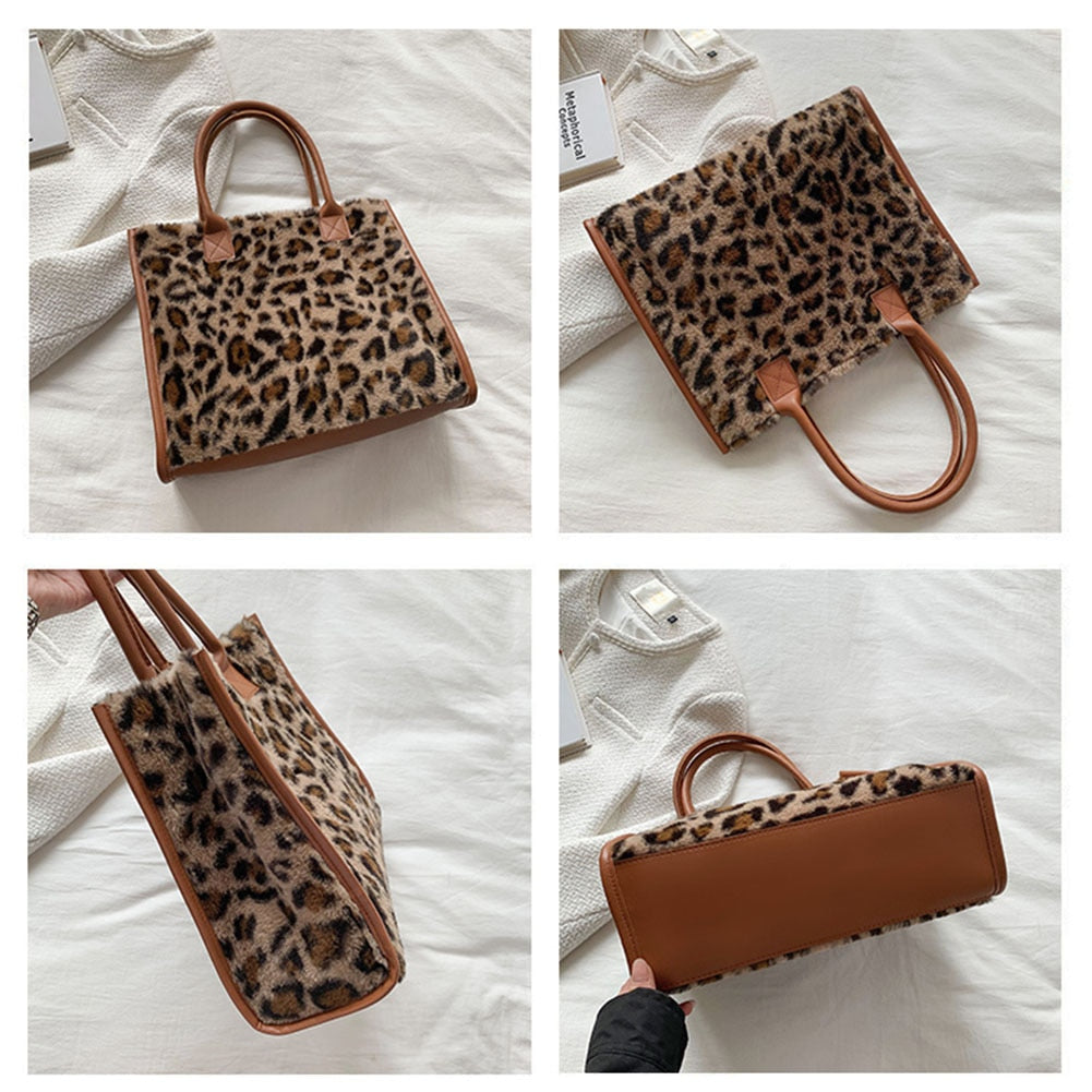 Realaiot Top-Handle Bags Retro Cow Leopard Print PU Leather Plush Design Autumn Winter Fashion Small Women Small Handbags