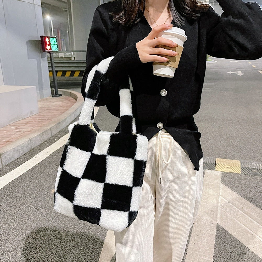 Realaiot Fashion Checkered Print Shoulder Bag Autumn Winter Hit Color INS Fashion Women Plush Bag Handbag Women Tote Bags Shopper bag