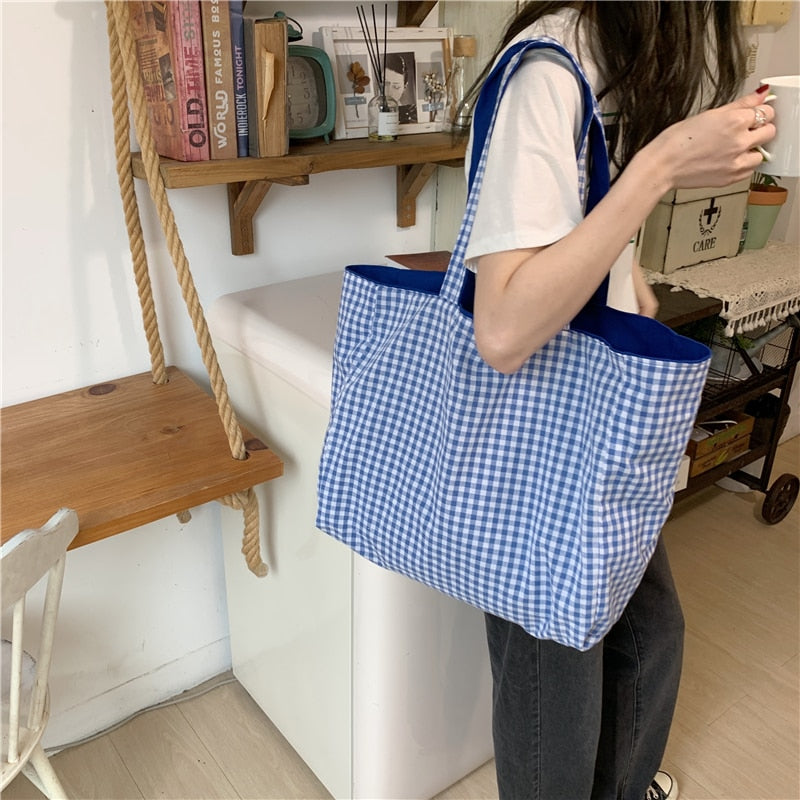 Realaiot Women Shoulder Bag Canvas Tote Bags Girl Fashion Casual Solid Color Plaid Shopper Bags Large Capacity Double Sided Handbags