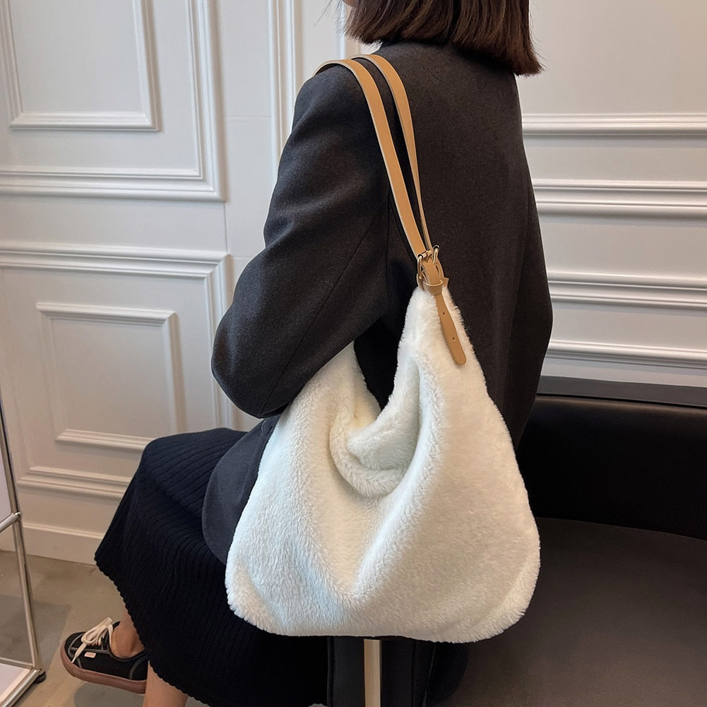 Realaiot Soft Plush Double Strap Shoulder Bag For Women Winter Warm Faux Fur Shopper Bags Female Large Capacity Tote Bag Fluffy Handbag