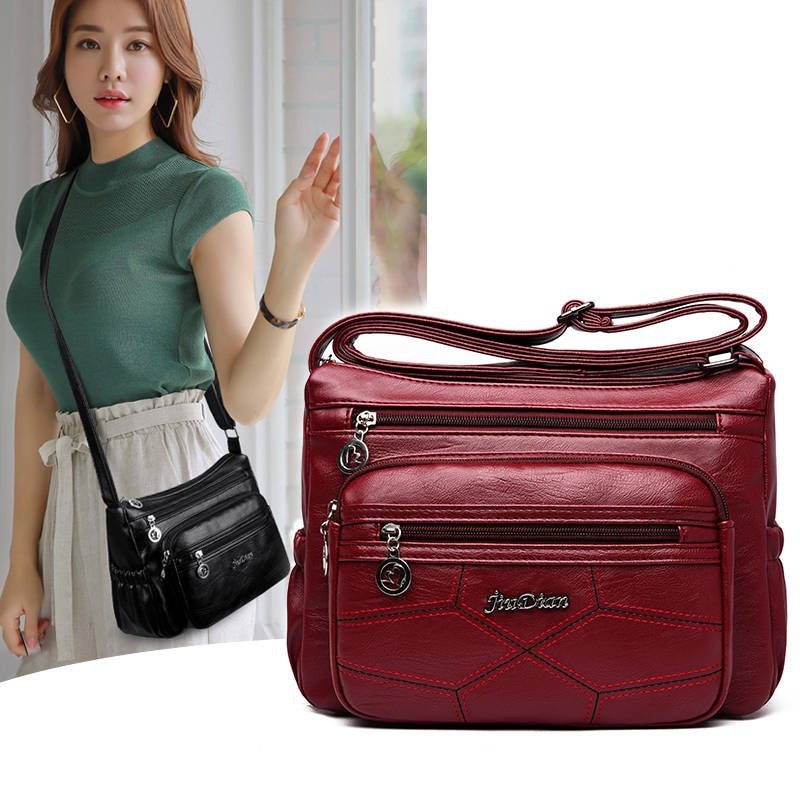 Realaiot Fashion PU Leather Shoulder Bag Portable Elegant Women Large Capacity Mother Daily Square Bag Travel Multi-zipper Messenger Bag