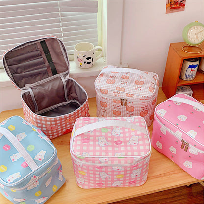 Cyflymder New Women Travel Cosmetic Makeup Bags Case Korean Bear Rabbit Plaid Toiletries Organizer Females Make up Storage Bag Pouch