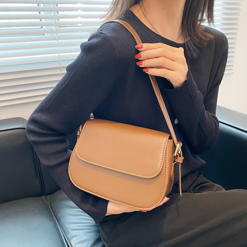 Realaiot Simple Solid Color PU Leather Armpit Baguette Crossbody Bag for Women Shoulder Handbags and Purses Female Travel Designer