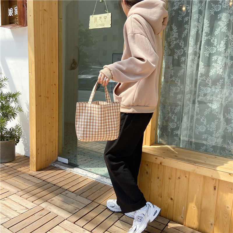 Cyflymder Portable Cotton Women Lunch Bento Bag Vintage Plaid Canvas Ladies Small Handbags Simple Female Cloth Mini Tote Bag Clutch Purse