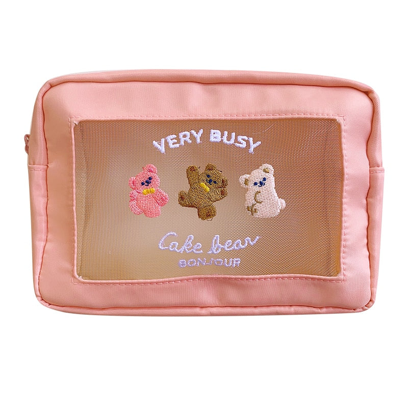 Realaiot Cute Embroidery Pencil Case Girl Bear Large Capacity Pen Pouch Ins Kawaii Makeup Storage Bag Portable Travel Organzier