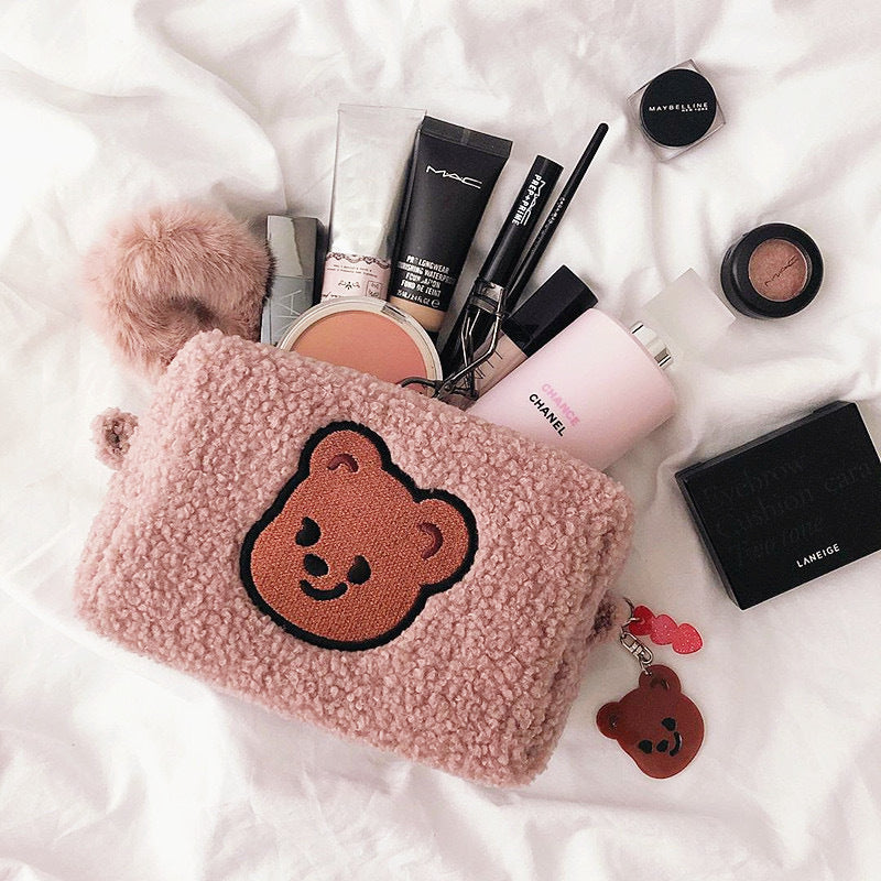 Realaiot Bear Flannel Cosmetic Bag Portable Large Capacity Wash Bag Women Travel Makeup Brush Organizer Storage Pouch Student Pencil Case