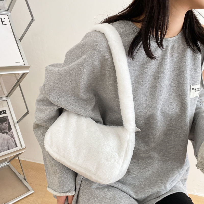 Realaiot Simple Design Women Soft Plush Hobos Shoulder Bags Winter Furry Ladies Clutch Purse Handbag Fashion Female  Underarm Bag