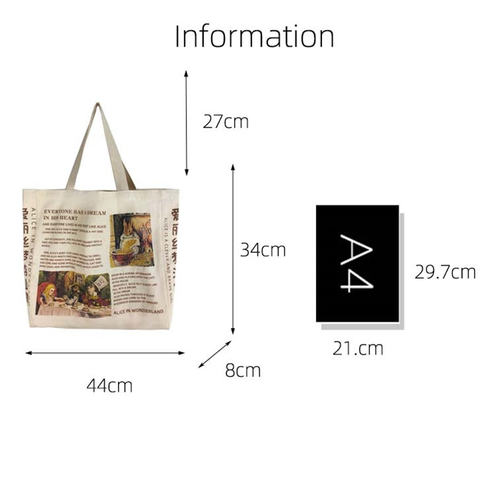 Realaiot 1Pc Women Canvas Shoulder Bag Alice In Wonderland Shopping Bags Students Book Bag Cotton Cloth Handbags Tote For Girls New