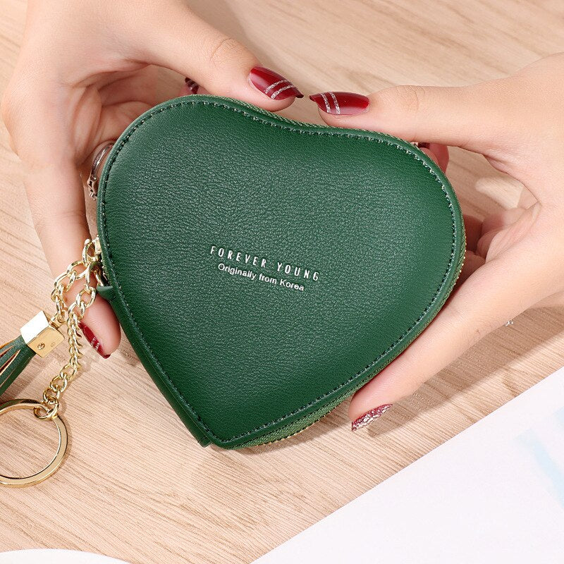 Realaiot Women's Heart Shape Small Coin Wallets PU Leather Zipper Key Ring Tassels Card Holder Mini Purse Cute Portable Female Clutch Bag