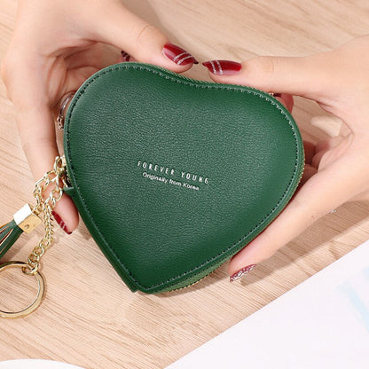 Realaiot Women's Heart Shape Small Coin Wallets PU Leather Zipper Key Ring Tassels Card Holder Mini Purse Cute Portable Female Clutch Bag